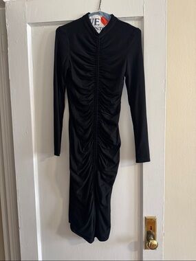 Long-Sleeve Black Ruched Midi Dress